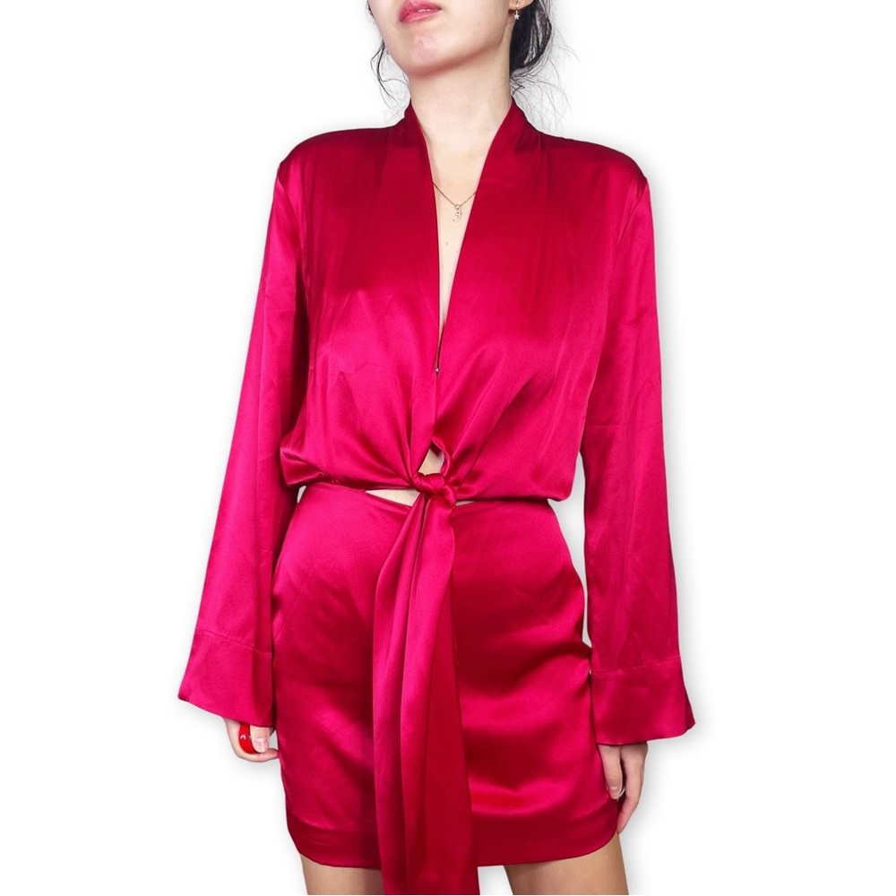 Michelle Mason 100% Silk Kimono Tie Mini Dress in Ruby Red Size 0 - Picture 2 of 16